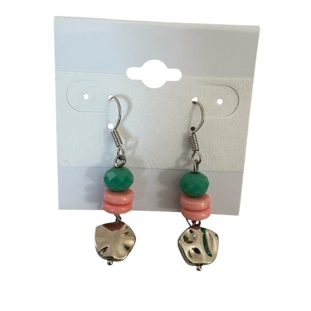 Pink and Green Beaded Silver Disc Earrings